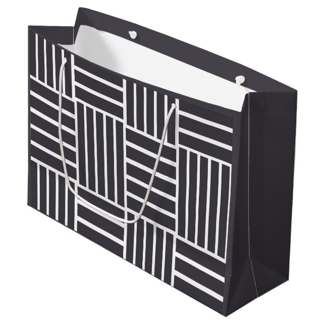 Grey White Horizontal Vertical Stripes Large Gift Bag (Front Angled)