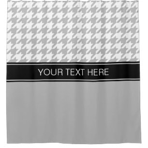 Grey White Houndstooth CB Black Name Monogram Shower Curtain
