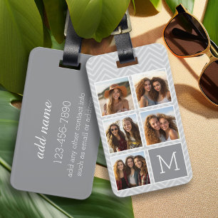 Grey White Instagram 5 Photo Collage Monogram Luggage Tag