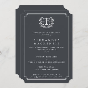 Grey/White JD Law Scales+Laurel Wreath Graduation Invitation