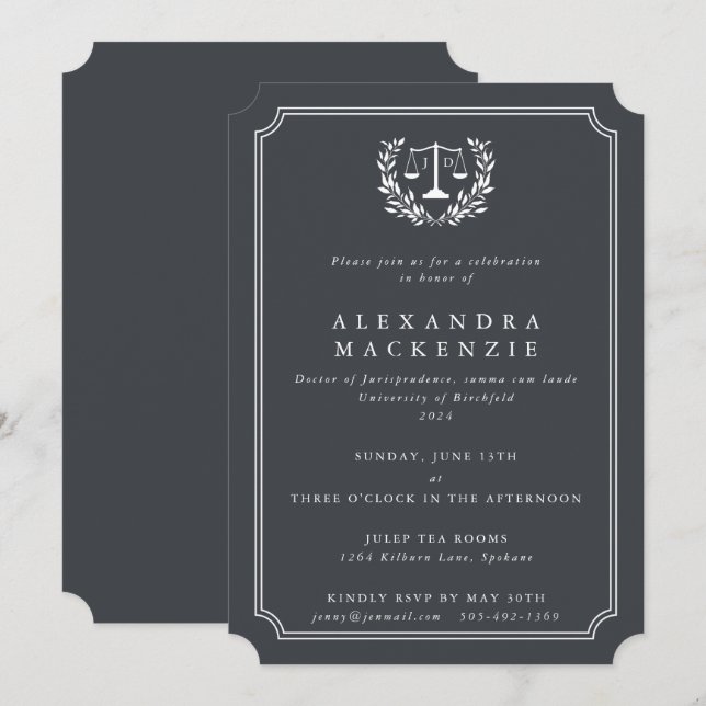 Grey/White JD Law Scales+Laurel Wreath Graduation Invitation (Front/Back)