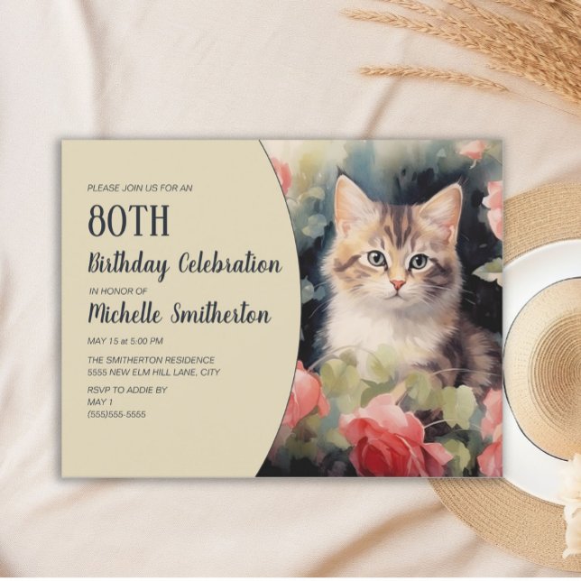 Grey White Kitten 80th Birthday Invitation (Cute gray and white kitten watercolor 80th birthday party invitation)