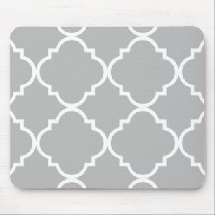 Grey White Large Quatrefoil Pattern Mouse Mat