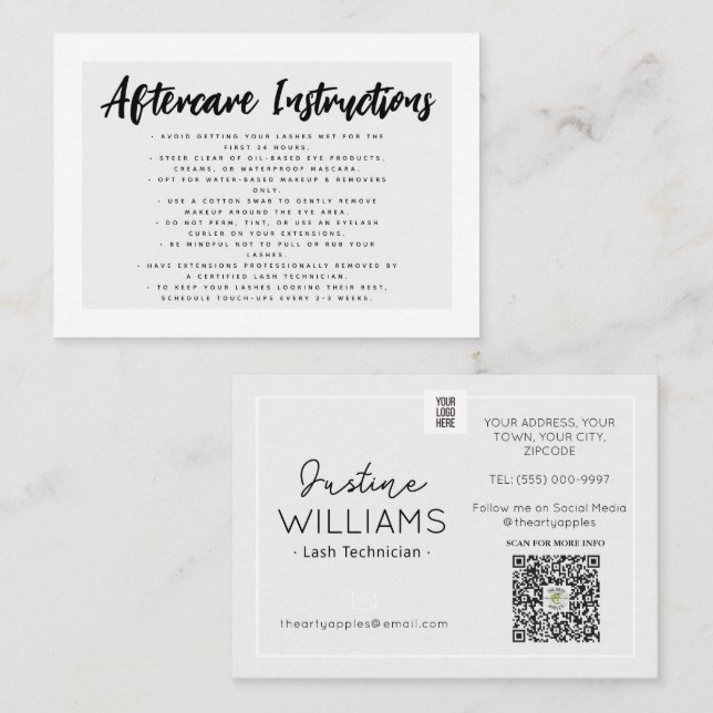 grey white Lashes Eyelash Extensions aftercare Business Card (Front/Back)