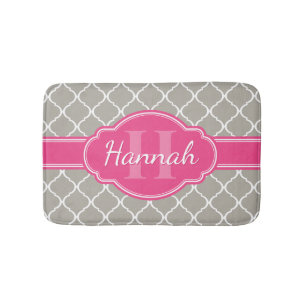 Grey White Lattice Pattern Pink Monogram Bath Mat