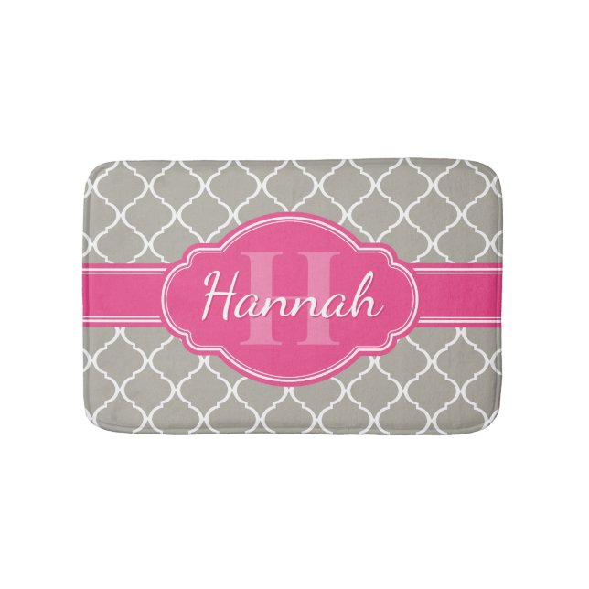 Grey White Lattice Pattern Pink Monogram Bath Mat (Front)