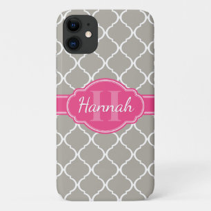 Grey White Lattice Pattern Pink Monogram iPhone 11 Case