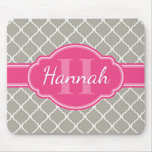 Grey White Lattice Pattern Pink Monogram Mouse Mat