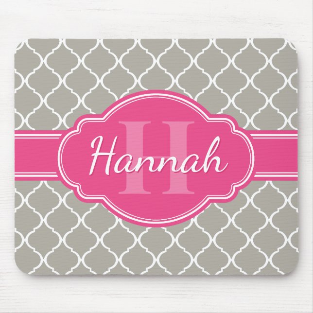 Grey White Lattice Pattern Pink Monogram Mouse Mat (Front)