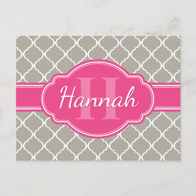 Grey White Lattice Pattern Pink Monogram Postcard (Front)