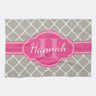 Grey White Lattice Pattern Pink Monogram Tea Towel