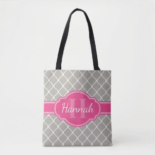 Grey White Lattice Pattern Pink Monogram Tote Bag