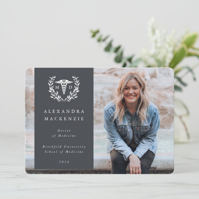 Grey + White Laurel Wreath Medical Degree Photo Announcement (Standing Front)