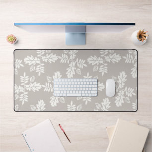 Grey White Leaves Vintage Line Leaf Pattern Desk Mat