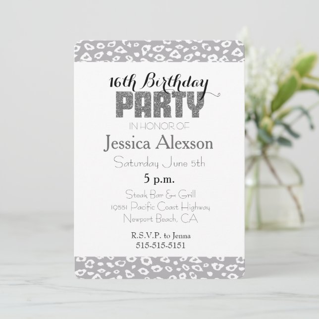 Grey White Leopard Print 16th Birthday Invitation (Standing Front)