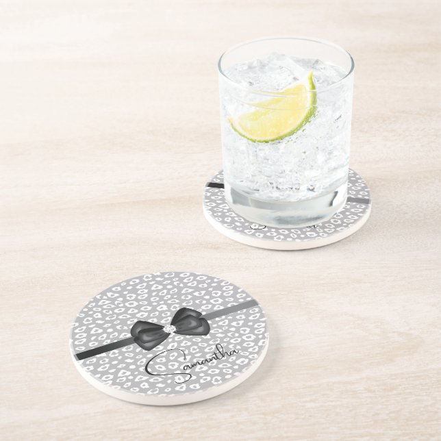 Grey White Leopard Ribbon Bow Diamond Coaster (Side)