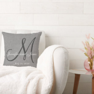 Grey White Linen Monogram Wedding Keepsake Cushion