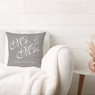 Grey White Linen Mr. and Mrs. Wedding Pillow