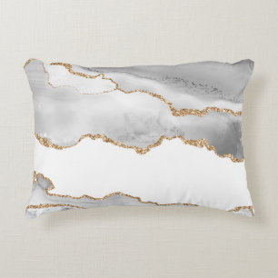 Grey White Marble Agate Gold Accent Minimal Luxury Decorative Cushion