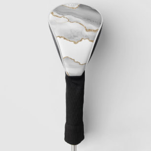 Grey White Marble Agate Refined Golden Glitter Golf Head Cover