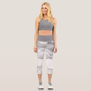 Grey White Marble Agate Simple Silver Glitter Capri Leggings