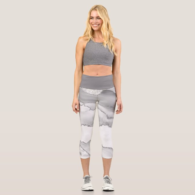 Grey White Marble Agate Simple Silver Glitter Capri Leggings (Front)