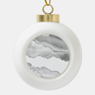 Grey White Marble Agate Simple Silver Glitter Ceramic Ball Christmas Ornament