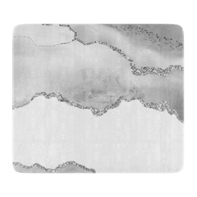 Grey White Marble Agate Simple Silver Glitter Cutting Board (Front)