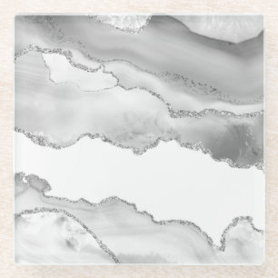 Grey White Marble Agate Simple Silver Glitter Glass Coaster