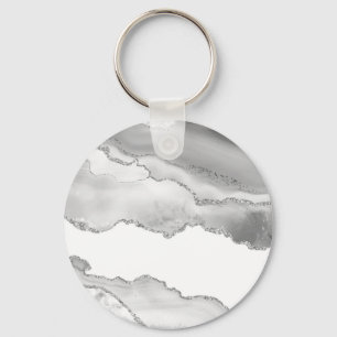 Grey White Marble Agate Simple Silver Glitter Key Ring