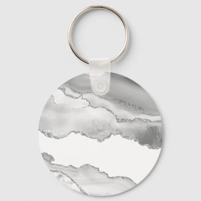 Grey White Marble Agate Simple Silver Glitter Key Ring (Front)