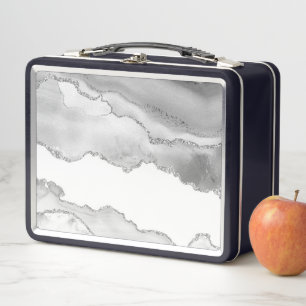 Grey White Marble Agate Simple Silver Glitter Metal Lunch Box