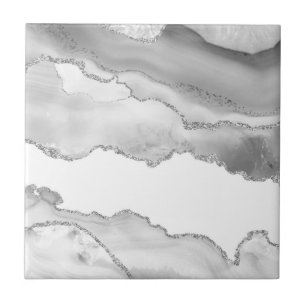 Grey White Marble Agate Simple Silver Glitter Tile