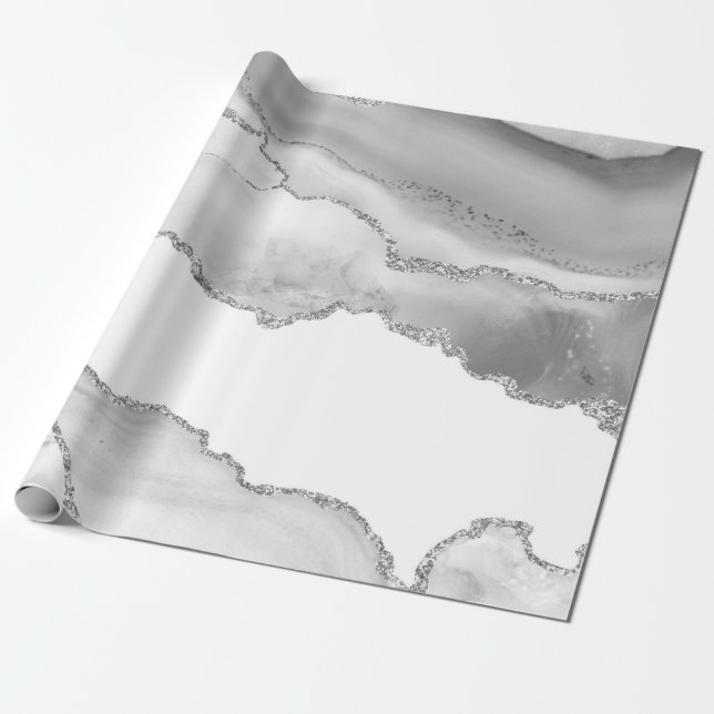 Grey White Marble Agate Simple Silver Glitter Wrapping Paper (Unrolled)
