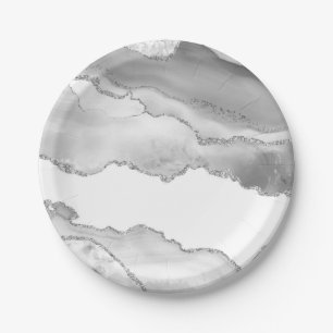 Grey White Marble Agate Simple Silver Sparkle Paper Plate