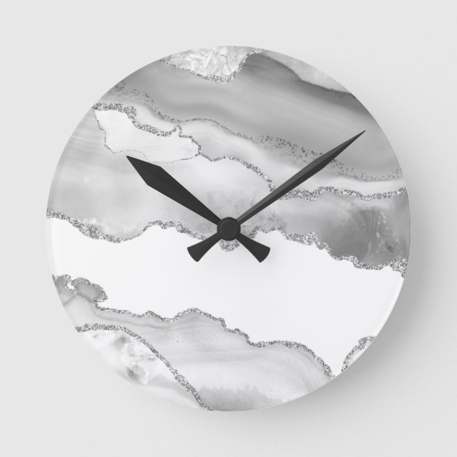 Grey White Marble Agate Simple Silver Sparkle Round Clock (Front)