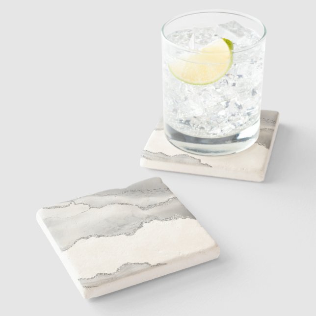 Grey White Marble Agate Simple Silver Sparkle Stone Coaster (Side)