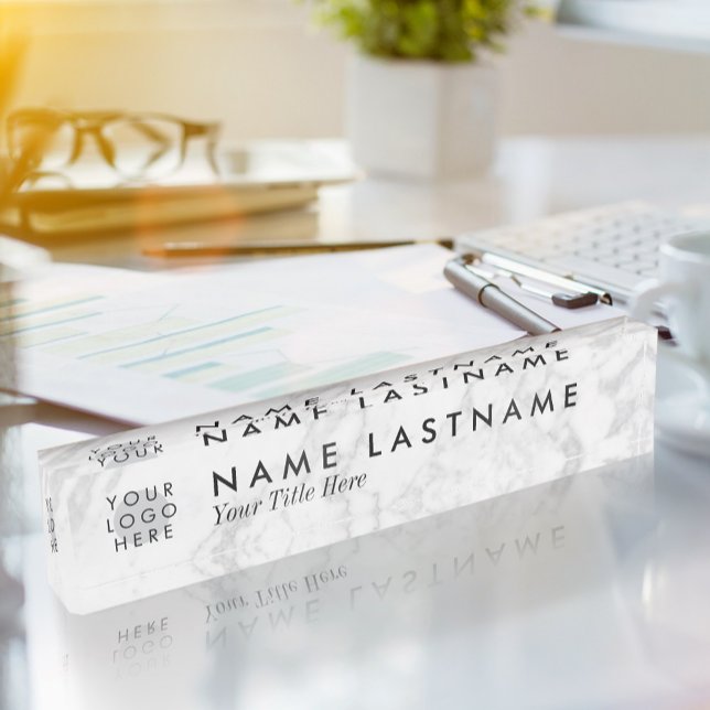 Grey White Marble Custom Logo Desk Nameplate (Creator Uploaded)