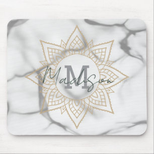 Grey & White Marble Effect Gold Mandala Monogram Mouse Mat