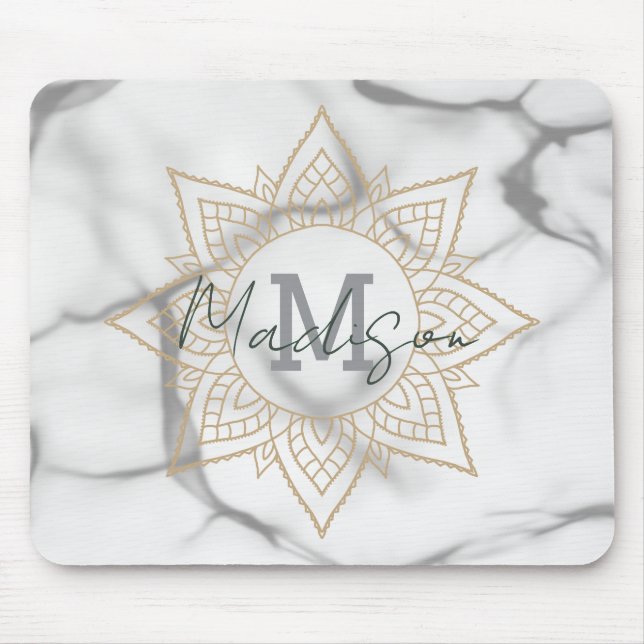 Grey & White Marble Effect Gold Mandala Monogram Mouse Mat (Front)