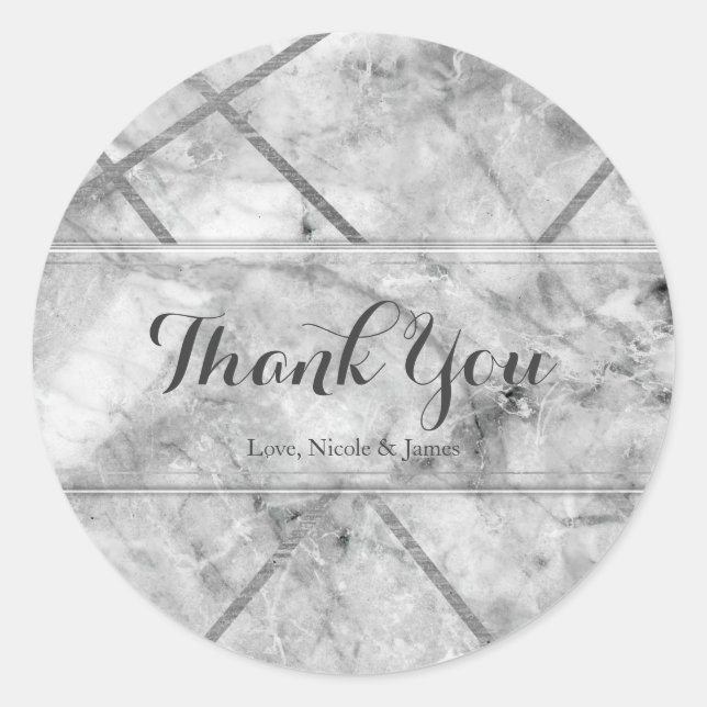 Grey & White Marble Glam Custom Wedding Favour Classic Round Sticker (Front)