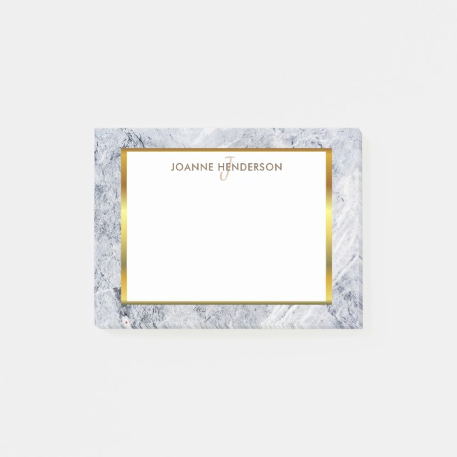 Grey white marble stone gold monogram name post-it notes (Front)