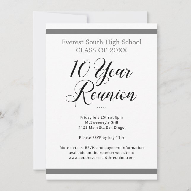 Grey & White Minimalist Ten 10 Year Class Reunion Invitation (Front)