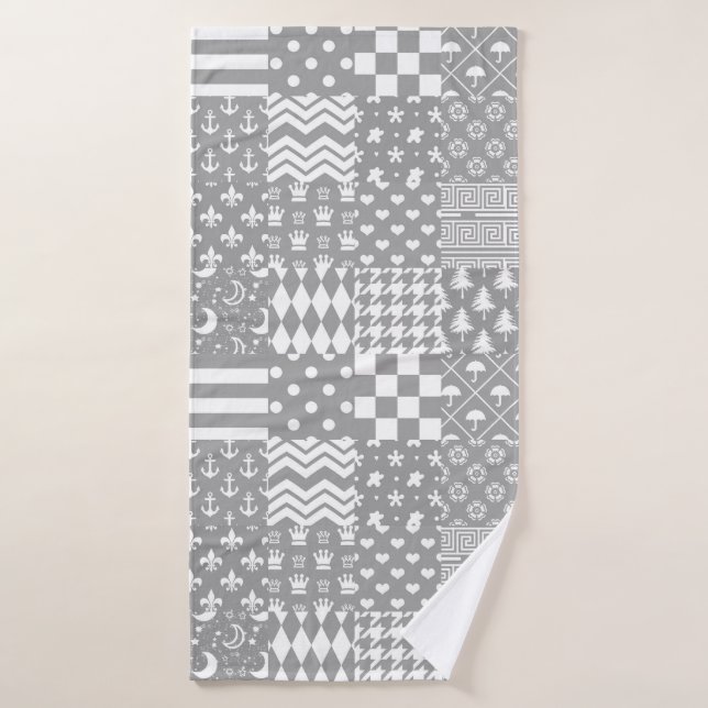 Grey White Mixed Patterns Patchwork Design  Bath Towel (Bath Towel)