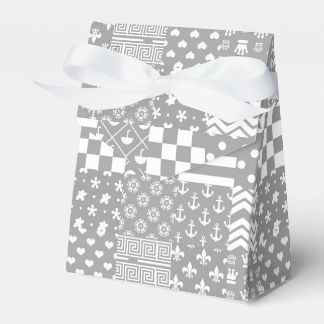 Grey White Mixed Patterns Patchwork Design  Favour Box (Front Side)