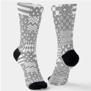Grey White Mixed Patterns Patchwork Design Socks
