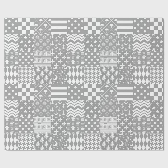 Grey White Mixed Patterns Patchwork Design  Wrapping Paper (Flat)