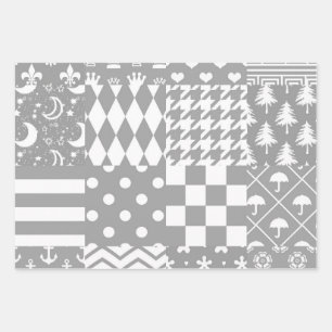 Grey White Mixed Patterns Patchwork Design  Wrapping Paper Sheet
