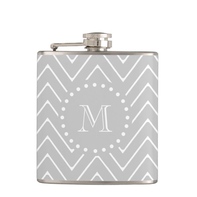 Grey & White Modern Chevron Custom Monogram Hip Flask (Front)