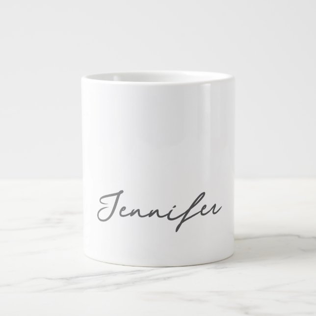 Grey White Modern Minimalist Handwriting Name Large Coffee Mug (Front)